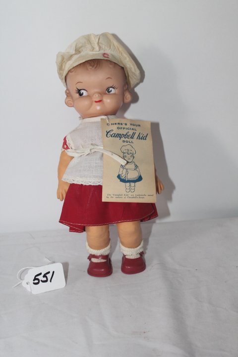 10"; CAMPBELL KID GIRL, ALL ORIG. MARKED ON BACK HEAD: 10"; CAMPBELL KID GIRL, ALL ORIG. MARKED ON BACK HEAD (CAMPBELL/IDEAL TOY CO.)VINYL HEAD, 1 PIECE BODY, COTTEN DRESS W/RED SHIRT 1957 ORIG. CHEF HAT SOME WEAR.