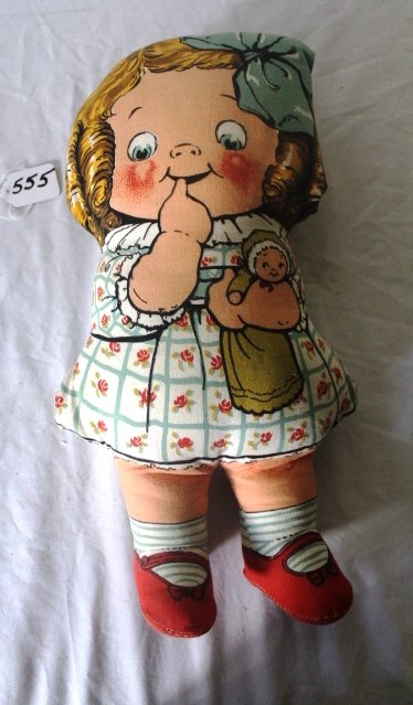 14"; CAMPBELL KID CLOTH DOLL PRINTED ON MATERIAL.: 14"; CAMPBELL KID CLOTH DOLL PRINTED ON MATERIAL. HOLDING KEWPIE LOOKING DOLL. 1982 MADE BY DEANS CHILDPLAY TOY CO. EXCELLENT CONDITION.