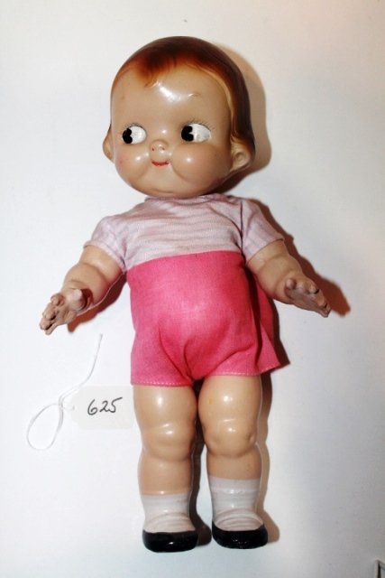 12" COMPOSITION CAMPBELLS DOLL - PINK SHORTS - STRIPED: 12" COMPOSITION CAMPBELLS DOLL - PINK SHORTS - STRIPED TOP. 1940-1950S GOOD CONDITION. MINOR PAINT WEAR ON RIGHT EYE.