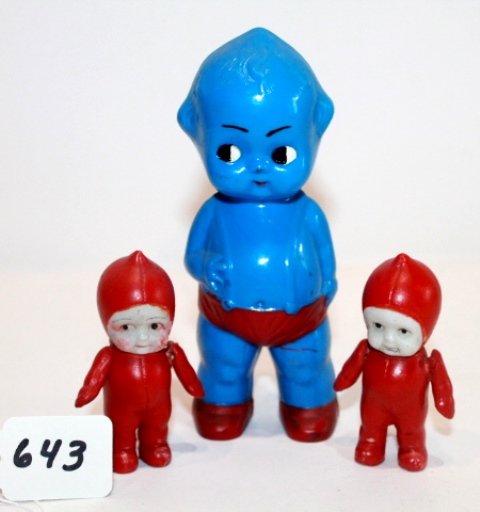6" - BLUE RAGSY KEWPIE RATTLE WITH IDEAL ON BACK. 2: 6" - BLUE RAGSY KEWPIE RATTLE WITH IDEAL ON BACK. 2 PAINTED RED BISQUE - 3" RAGSY - MADE IN JAPAN. GOOD CONDITION.
