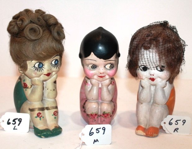 (LEFT) - 6" COMPO THINKING WITH HUMAN HAIR. SUE RUGGLES: (LEFT) - 6" COMPO THINKING WITH HUMAN HAIR. SUE RUGGLES COLLECTION. GREEN DRESS. (CENTER) - 6" THINKER. PINK DRESS WITH ROSES PAINTED ON. (RIGHT) - ORANGE DRESS, CHALK, HUMAN HAIR WIG. PAINTED HEAD. M