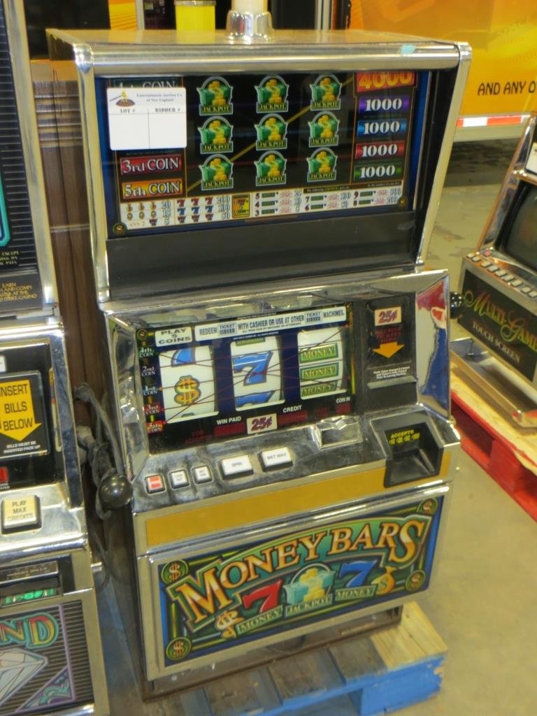 MONEY BARS SLOT MACHINE: Used item. Powers up unless otherwise noted: Untested, no power cord.