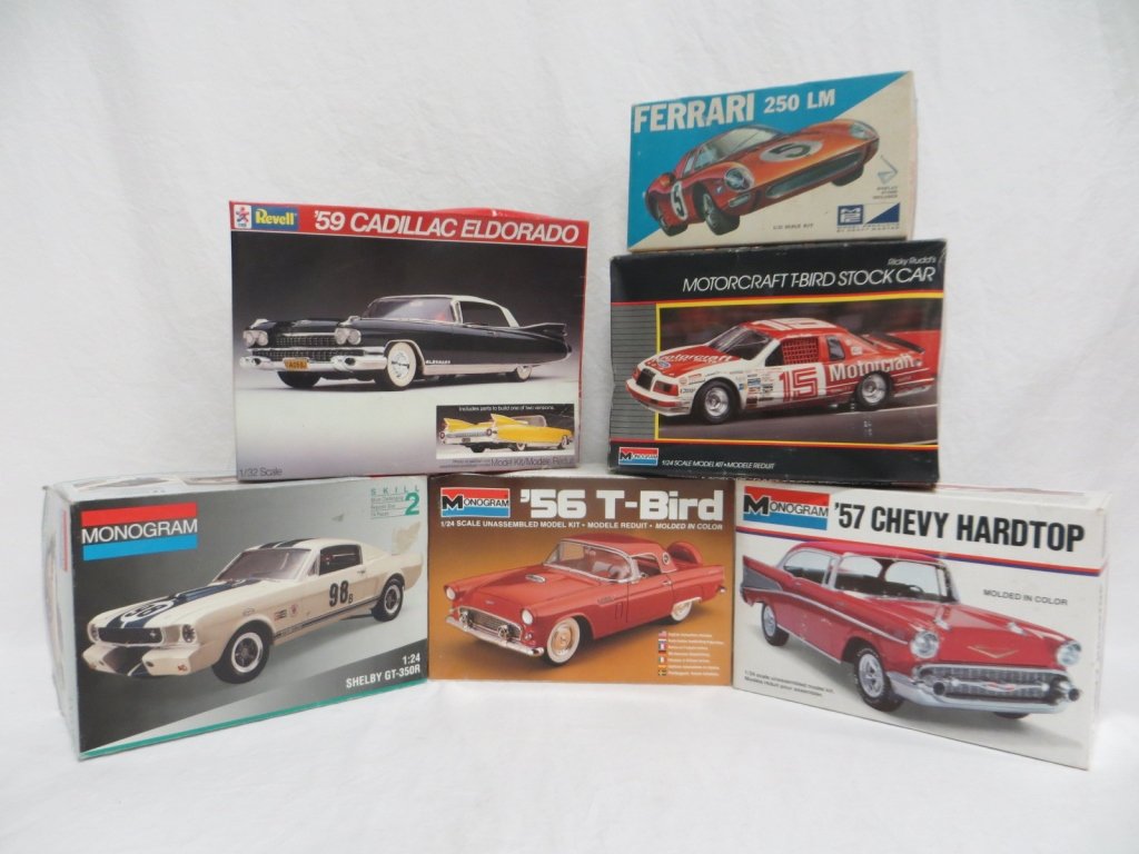 SET OF 6 - UNBUILT MODEL CAR KITS: Condition: Good. Set of 6 - unbuilt model car kits. Includes: MPC Ferrari 250 LM, Revell '59 Cadillac Eldorado, Monogram Shelby GT-350R; '56 T-Bird; Ricky Rudd's Motorcraft T-Bird Stock Car & '57 Chev