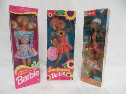 SET OF 3 - BARBIE DOLLS: Condition: New. Set of 3 Barbie dolls. Includes: Special Expressions Barbie, Special Edition Sunflower Barbie and Cali Girl Barbie.