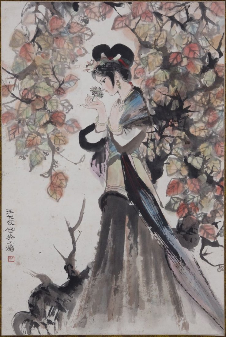 Wang Dawen (b. 1942) Lady: 汪大文 Wang Dawen (b.1942) 人物 Lady 立轴 纸本Hanging Scroll, Ink & Color on Paper 高(Height):67.2cm 长(Length):45cm