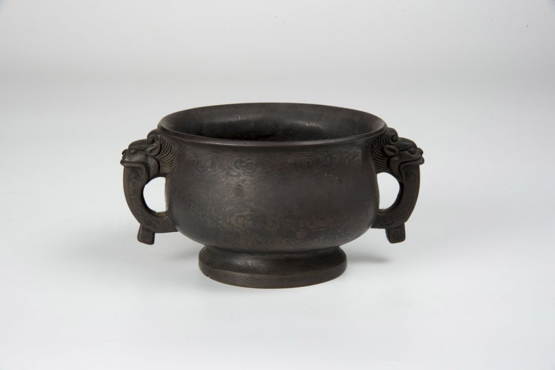 Qing, Silver Inlaid Bronze Censor with Dragon Handles (1 of 5)