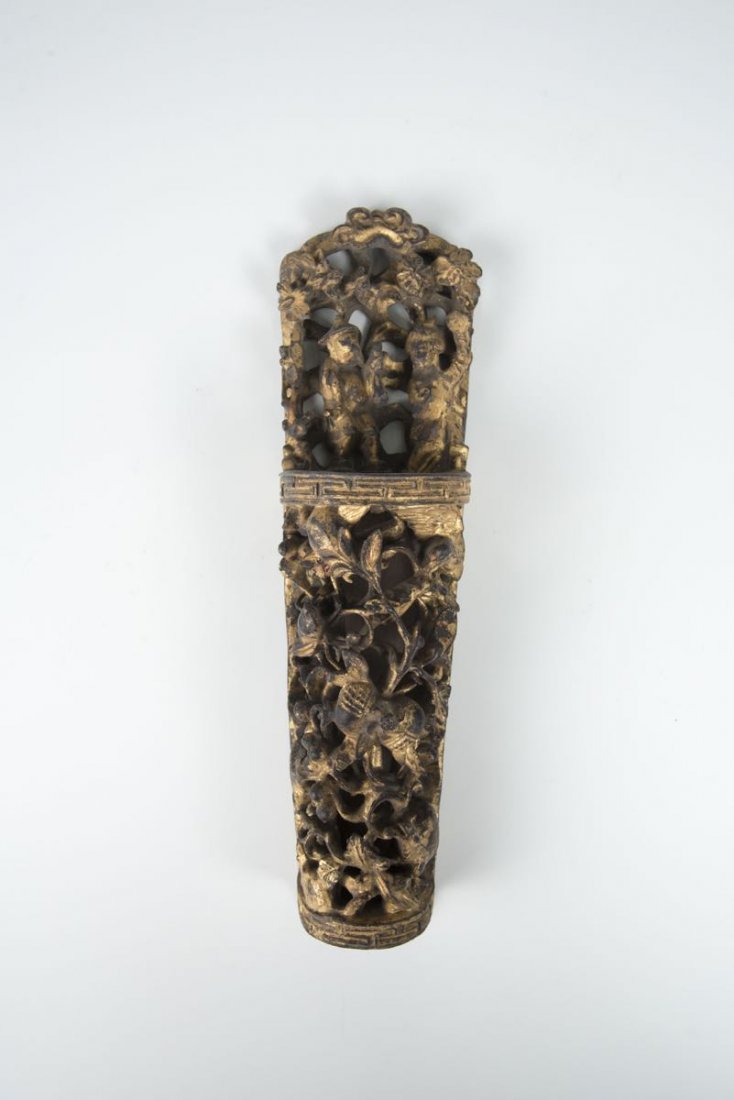 Qing, Qianlong, Wood Carved Figures: 清乾隆 木雕人物蝉松鼠 壁瓶 Qing, Qianlong, Wood Carved Figures with Cicada and Squirrel Wall-Hung Vase 高(Height):29.5cm