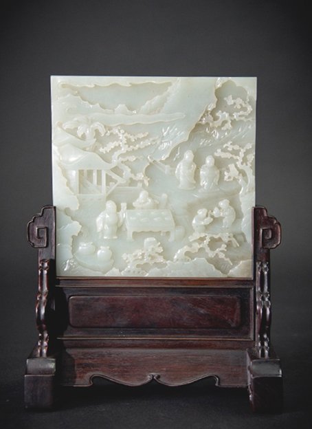 Qing,  Table Screen with Jade Figure Plaque (1 of 2)