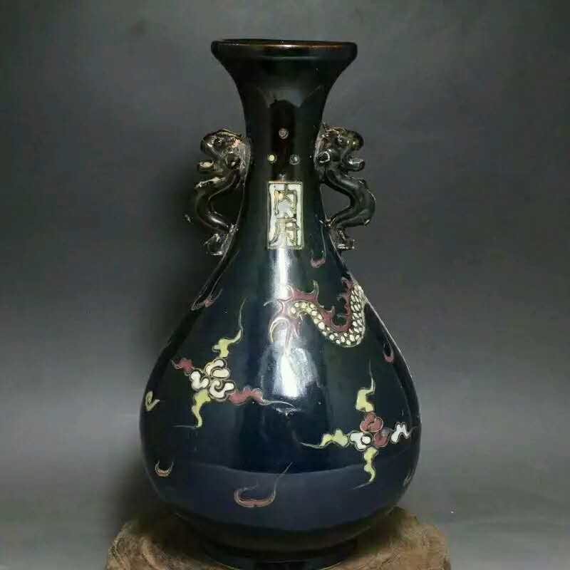Song dynasty style porcelain vase: Very rare Chinese blue glazed porcelain dragon vse H(7) inches