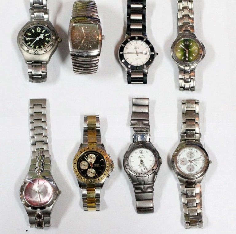 Modern Mens Lot of 8 Quartz Watches Helbros Charles: Inchdes: Fondini, Helbros, Charles DuMont, Visage, Joe Boxer, Lorus, etc. All are quartz and are currently NOT running. We have not tried to change the batteries in this lot. Some may work if you do, 