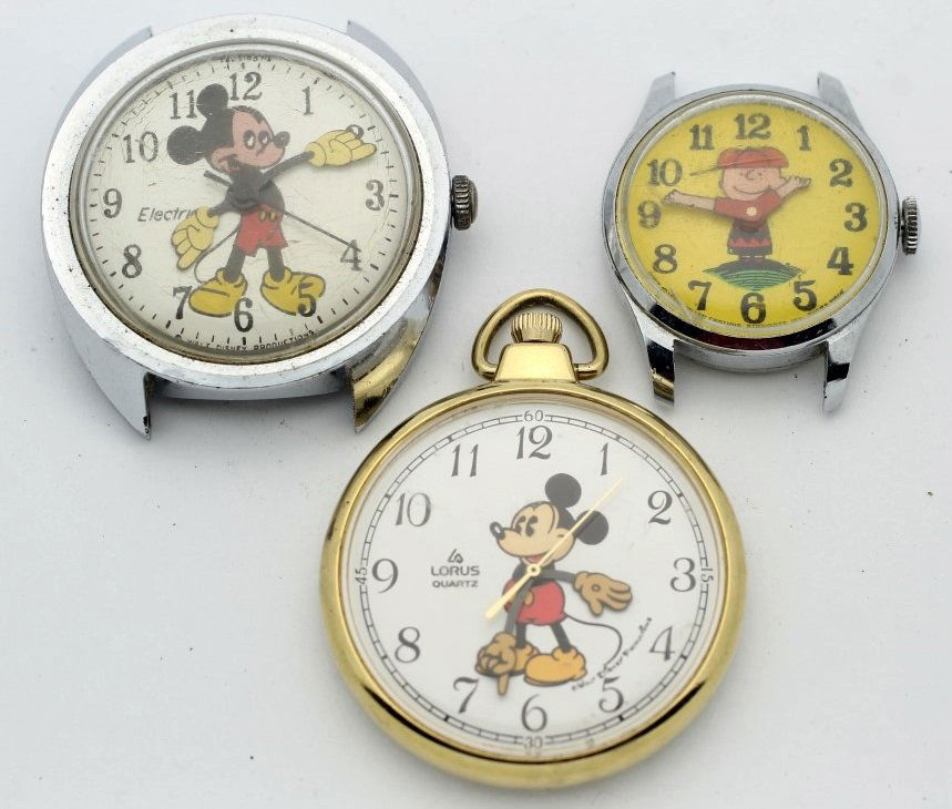Lot of 3 Modern Character Watches Mickey Mouse Charlie: All 3 are not currently running. The 2 Mickey Mouse watches are Quartz and the batteries have not been changed. The Charlie Brown is an automatic vintage watch. No Buyers Premium