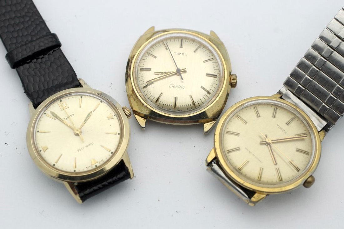 Lot of 3 Vintage Automatic Timex Mens Running Watches: All are complete and very clean and ready to wear. All 3 are running. Watches (if running) have not been timed for accuracy. No Buyers Premium