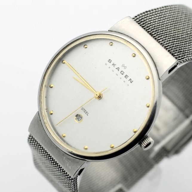 Skagen Stainless Steel Mens Date Watch: Watch is running. Model Number 355LGSC. Stainless Steel mesh band. Watches (if running) have not been timed for accuracy. No Buyers Premium