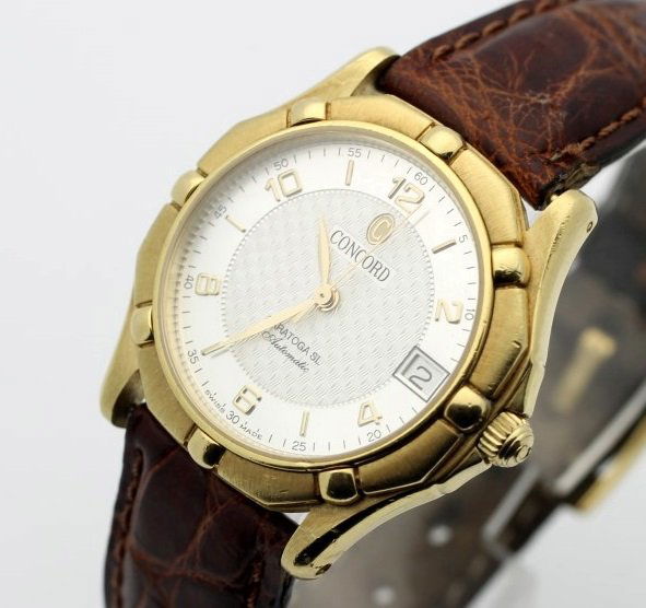 Concord Saratoga SL Mid Size Automatic Watch w Solid: Gorgeous Concord 18k watch that has a heavy case and the original crocodile band. Measures 30mm across (not including the crown), and 34mm top to bottom. Extremely clean. Watches (if running) have not