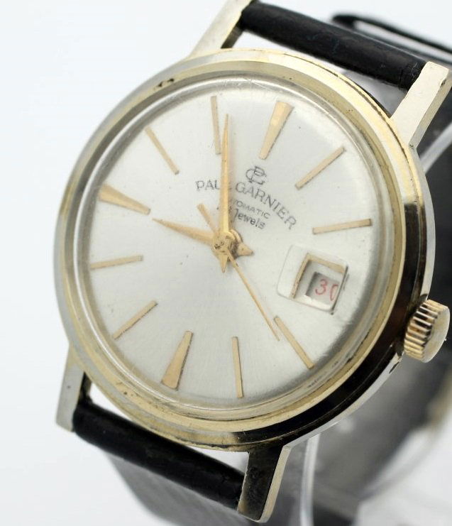 Vintage Paul Garnier 29 Jewel Mens Date Wid Up Watch: The watch is running and ready to wear. Measures 35mm across (without crown) and 43mm top to bottom. Watches (if running) have not been timed for accuracy. No Buyers Premium