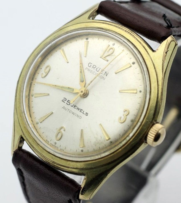 Gruen Precision 25 Jewel Autowind Mens Automatic Watch: The watch is running and ready to wear. Measures 33mm across (without crown) and 42mm top to bottom. Watches (if running) have not been timed for accuracy. No Buyers Premium
