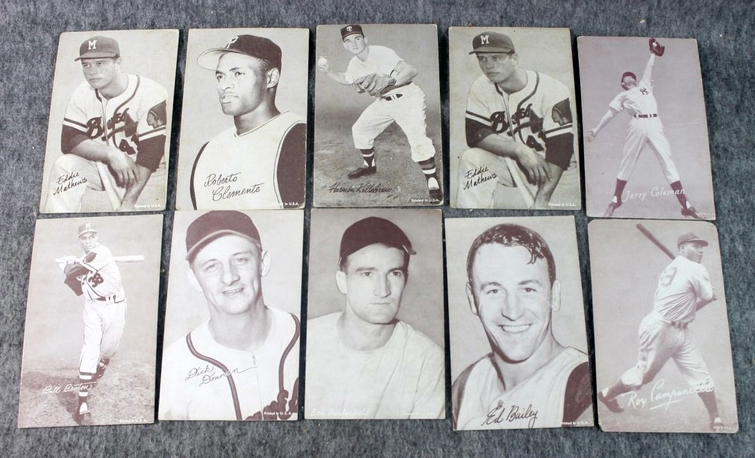 1962 Lot of 10 Baseball Exhibit Cards Clemente,: Each is approx 3 1/4 x 5 1/4 . Most are blank backed but 4 (Killenew, Clemente, 2 Mathews) do have stats on the back. Includes Clemente, (2) Mathews, etc. No Buyers Premium.