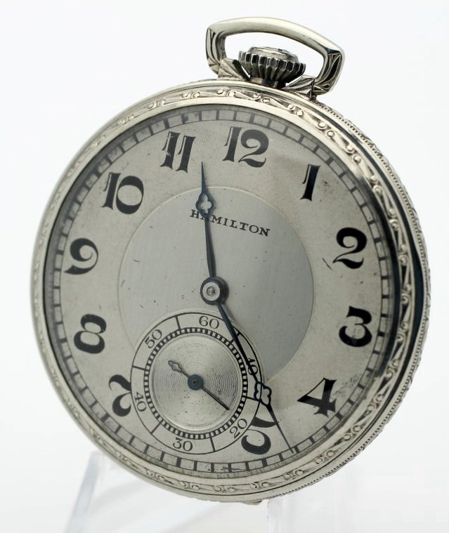 1929 HAMILTON 912 17 Jewel 12 Size 14K White Pocket: 14 Karat White Gold Filled HAMILTON Size 12 17 Jewel Open Face Pocket Watch. Two Tone Dial In Excellent Condition.Art Deco Design. Serial #3,419,413. Dust Cover Inscribed: Presented To R.E. Griffin--B