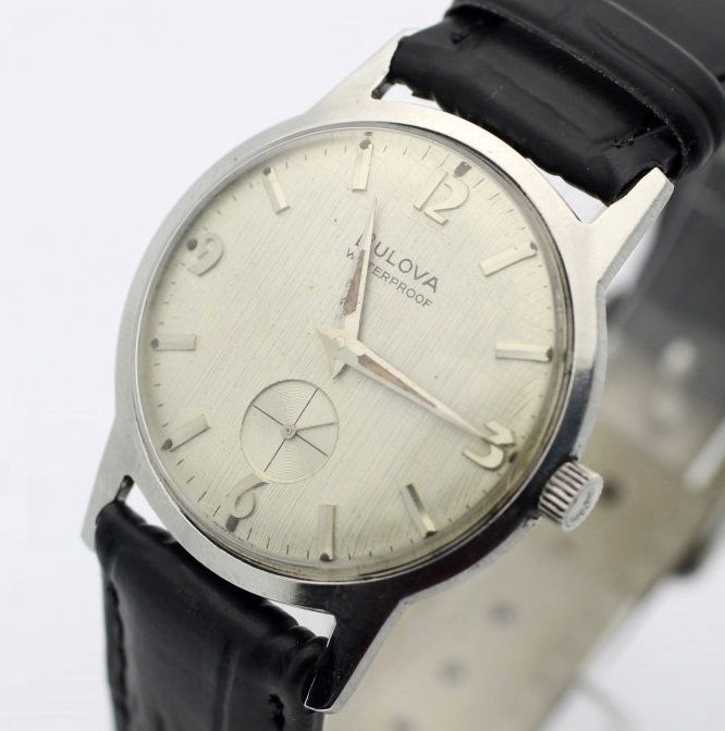Circa 1965 BULOVA Waterproof Stainless Steel Men's: Men's Stainless Steel 32mm BULOVA With Italian Leather Strap. Calibre 11AL 17 Jewel Movement. Recently Polished. Watch Is Currently In Working Order. No Buyers Premium.
