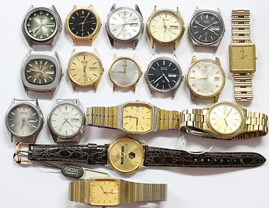 Vintage Men's SEIKO Automatic Quartz Watch Lot Of 18: Men's Wrist Watch Lot Of 18 SEIKO. 2 Quartz Watches Running. 11 Quartz Watches. 7 Automatic .All The Rest Are Being Sold For Parts Or Repair. No Buyers Premium.