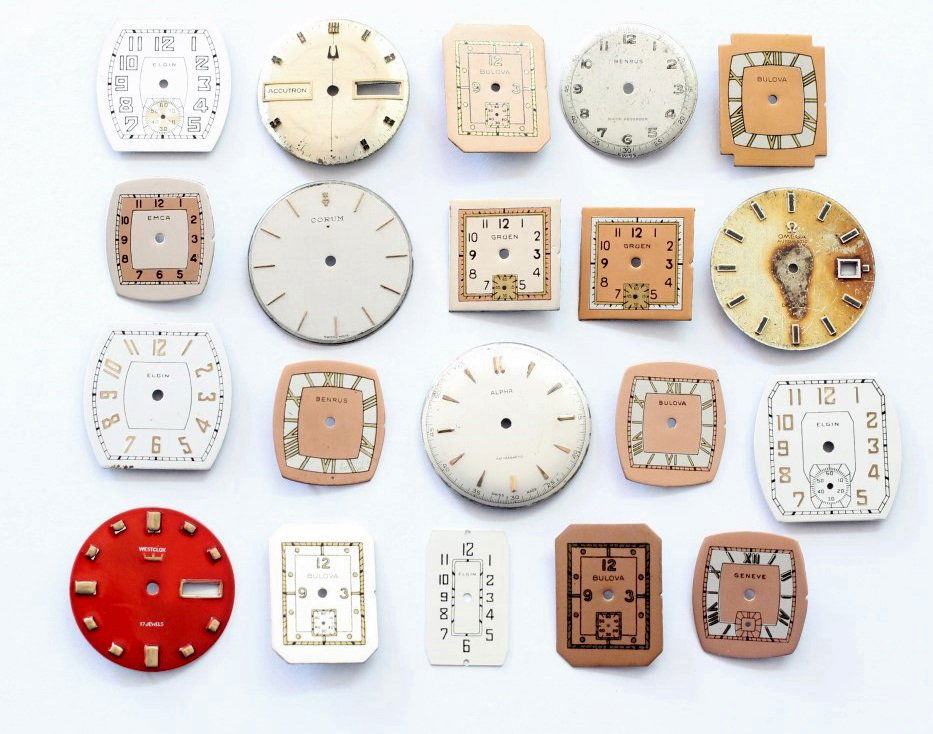 Vintage Repainted BULOVA ELGIN BENRUS OMEGA CORUM Watch: Watch Dial Lot Of 20. 15 Repainted Dials. Corum Alpha Omega Accutron And Militrary Benrus Dial Are All Original. No Buyers Premium.