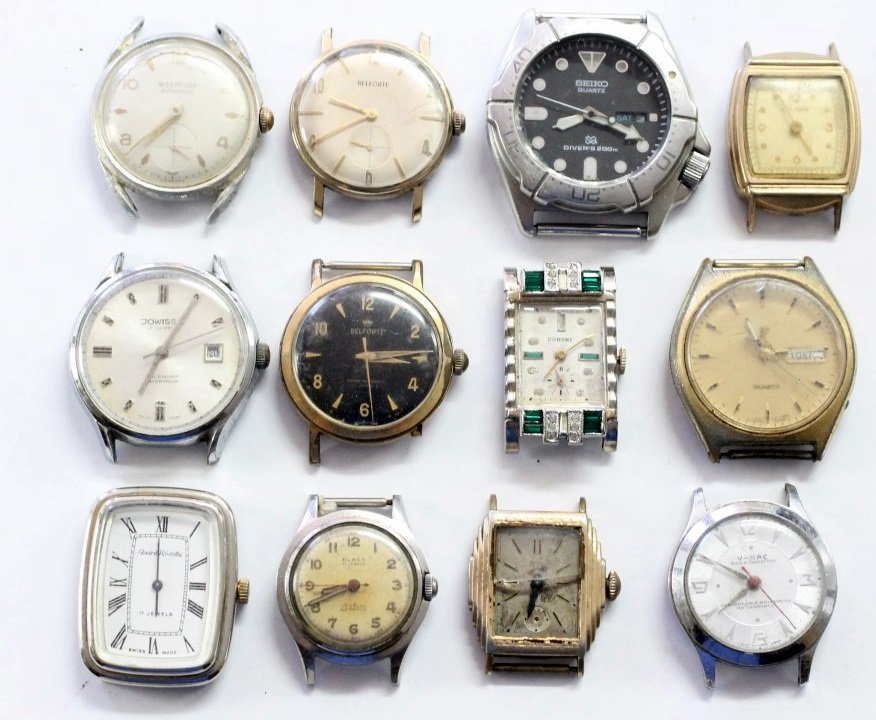 Vintage Men's Watch Lot Of 12 SEIKO BELFORTE ELREX: Men's Wrist Watch Lot OF 12. All Watches Are Being Sold For Parts Or Repair. Various Shapes And Sizes. No Buyers Premium.