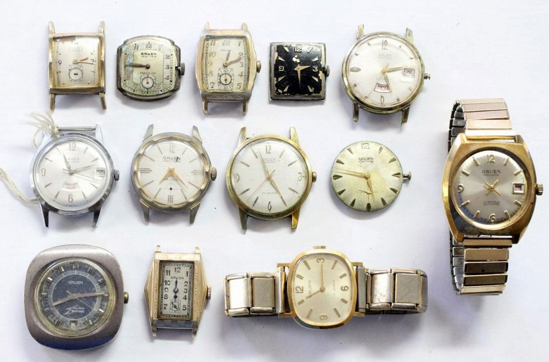 Vintage GRUEN Veri-Thin Curvex Men's Watch Lot Of 14: Men's Watch Lot Of 14 Gruen Watches And Movements. All Watches And Movements Are Being Sold For Parts Or Repair. Calibre's 740, 704, 405, 552, 510,522. No Buyers Premium.