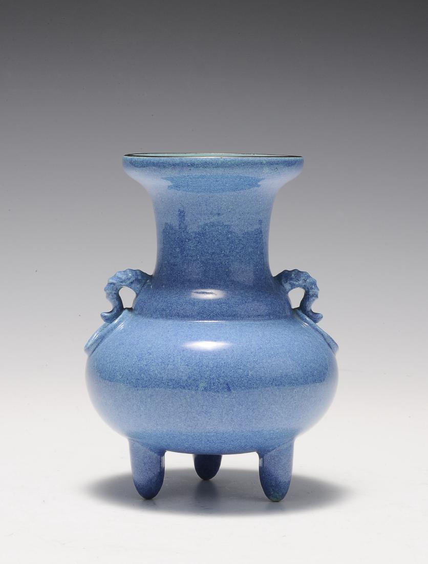 Robin's Egg Porcelain Incense Burner, 19th Century: Robin's egg blue glaze porcelain incense burner from the 19th century. It is a tripod with two handles on the neck. The interior has a turquoise blue glaze. It is approximately 5 7/8 inches in height 