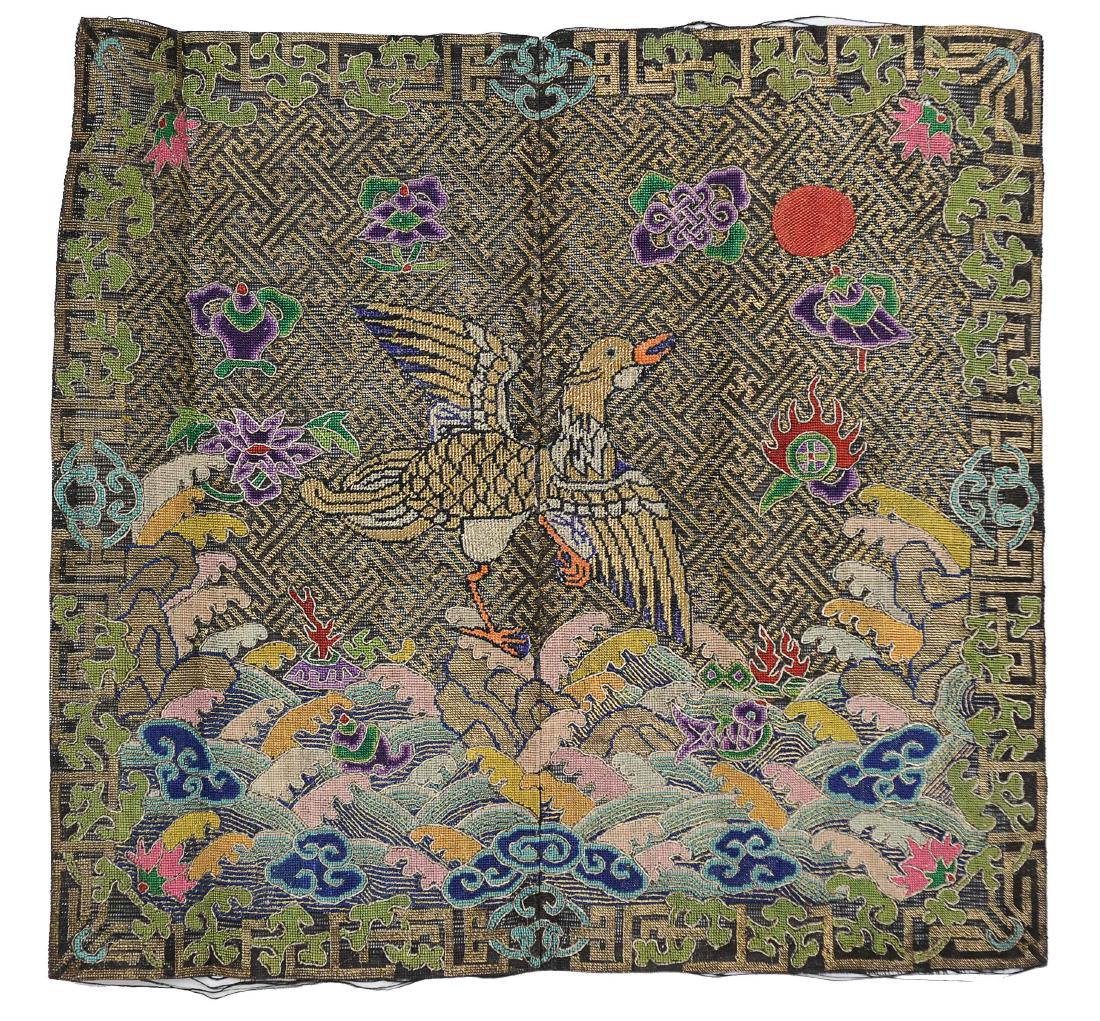 Ranking Badge, 19th Century: Embroidered ranking badge from the 19th century. This black ground ranking badge includes a field of Buddhist symbols. In the center of the badge is a golden egret that is taking flight in the directi