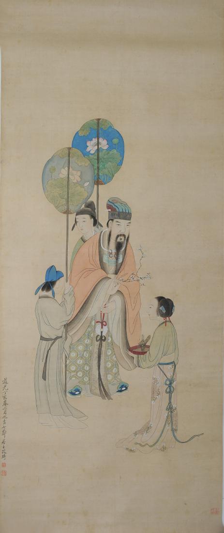 Painting of People on Silk, Gai Qi Mark: Painting of people on silk with a Gai Qi mark (1773-1828). This painting on silk is of a man with three attendants. It has three seals and a description. Dimensions are 52 inches long by 20 inches wid
