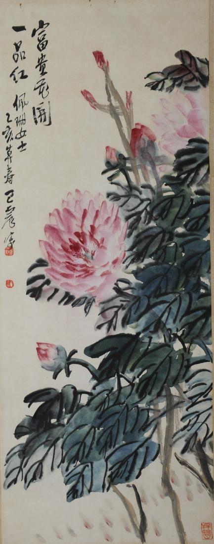 Scroll Painting of Flowers, Wang Zhen (1867-1938): Scroll painting of flowers by Wang Zhen (1867 - 1938). This watercolor and ink of pink flowers has 3 seals and a signature. It is mounted on a silk backing. Dimensions are 33 1/2 inches long by 13 1/4