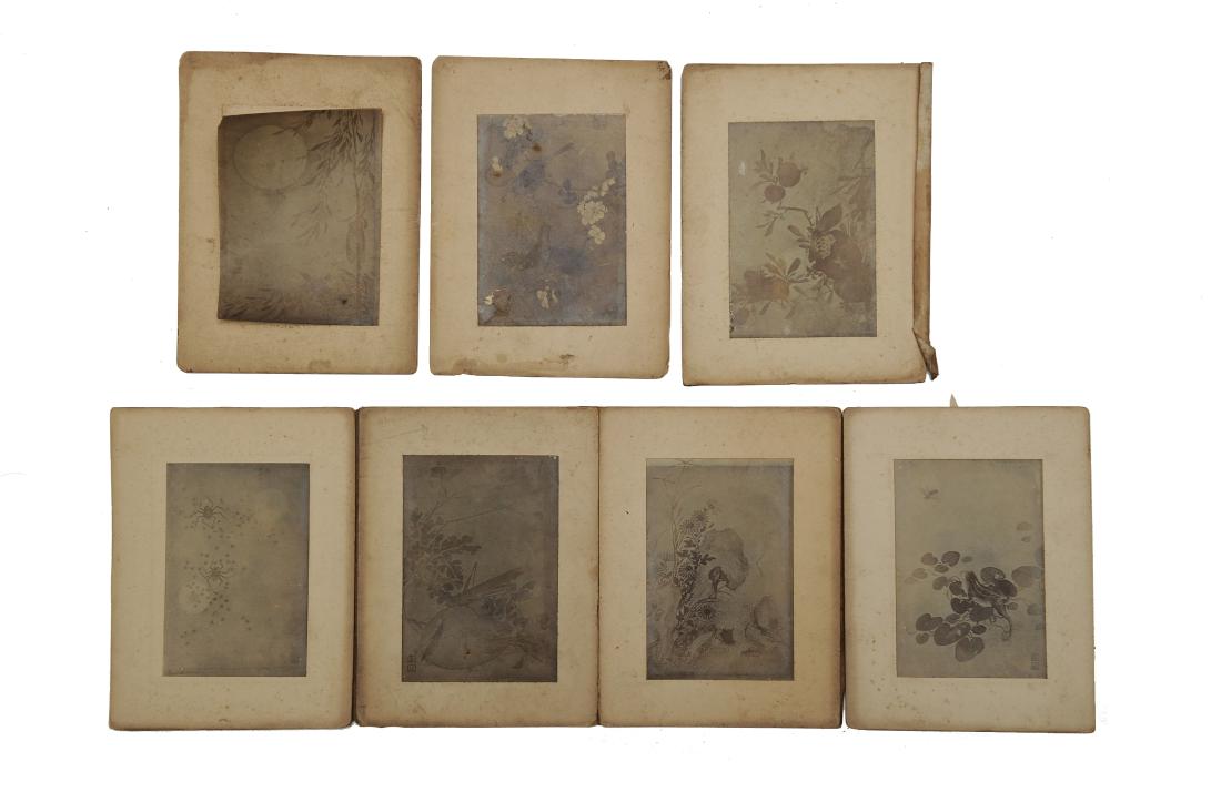 Set of 7 Old Prints: Set of 7 old prints of birds and flowers. Most of the prints have one or two seals. The set folds out and the prints are in grayscale. Dimensions are 4 1/2 inches long by 5 3/4 inches wide. All measur