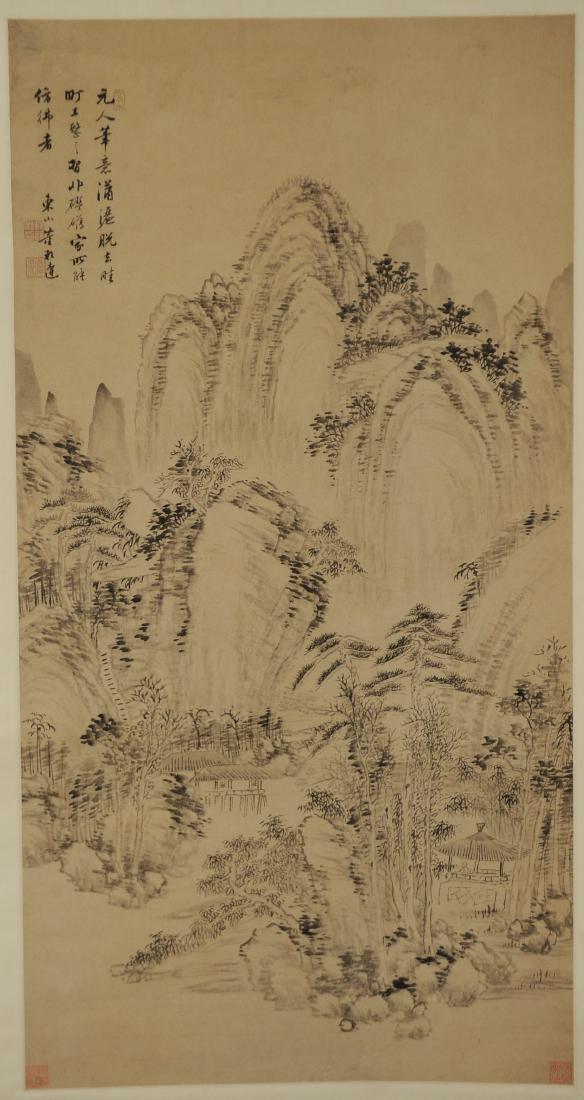 Ink of Landscape, Attributed to Dong Bangda: Ink on paper of a landscape, attributed to Dong Bangda. It has five seals and a description. It is mounted on a silk backing with a wooden dowel. Dimensions are 41 1/2 inches long by 21 1/2 inches wid