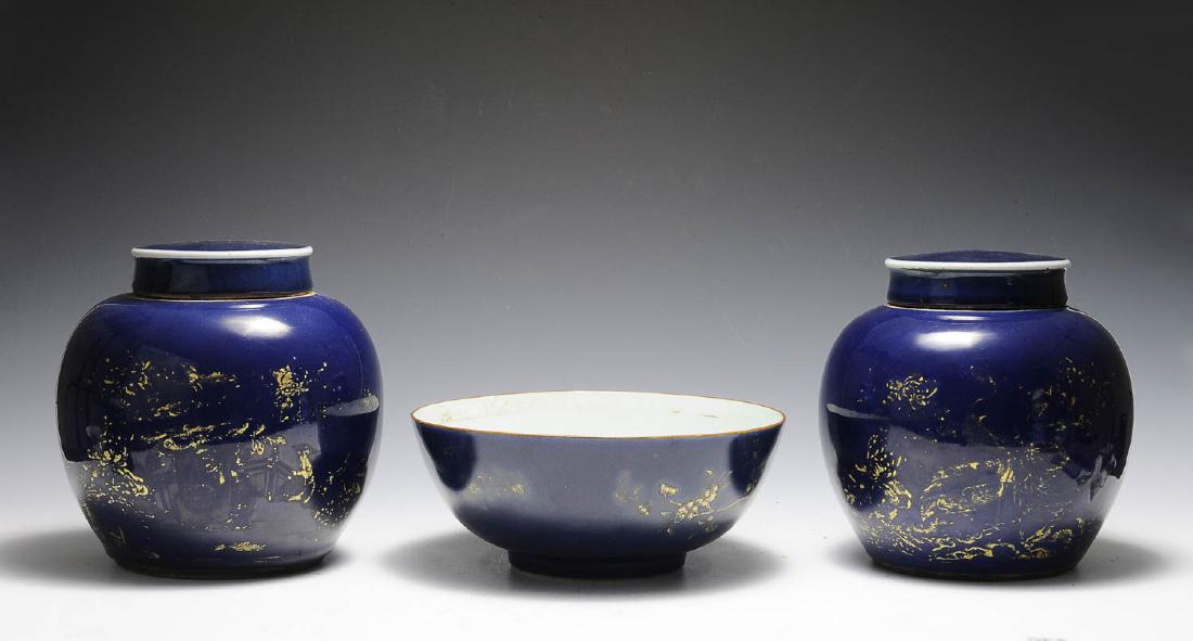Trio of Blue & Gilt Porcelain, 2 Jars & a Bowl (1 of 5)