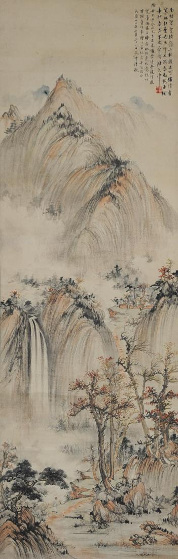 Landscape by Wang Wenzhong given to Xian Zhou: Ink and color of a landscape by Wang Wenzhong given to Xian Zhou. It is on paper and includes a poem, signature, and 1 seal. It is mounted on a silk backing with a wooden dowel. The landscape depicts 