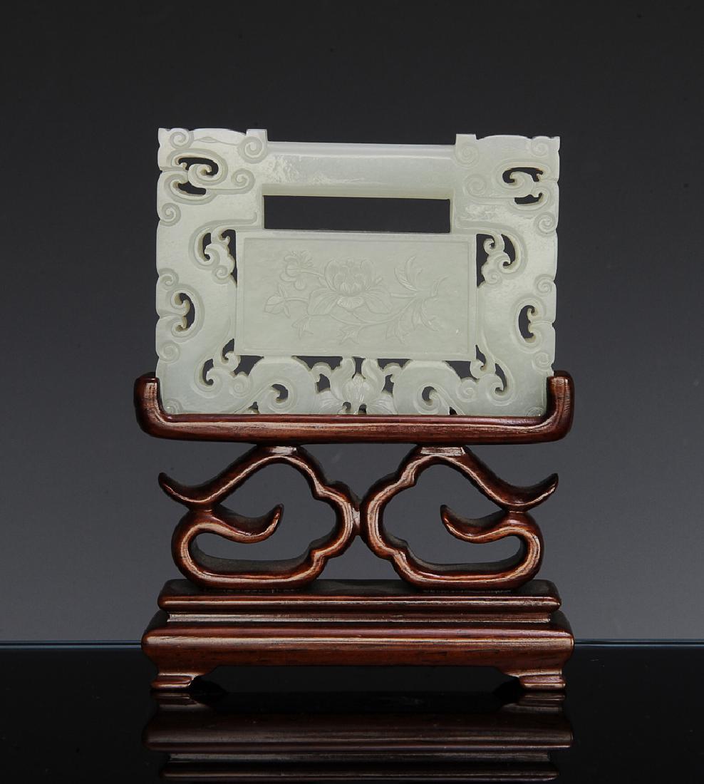 Chinese White Jade Plaque w/ Wood Stand, 19th C (1 of 7)