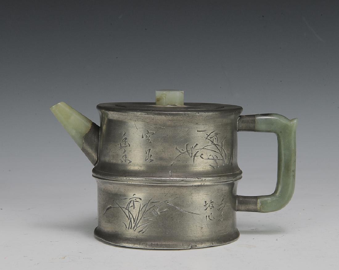 Chinese Zisha & Pewter Teapot w/ Jade, 19th C (1 of 7)