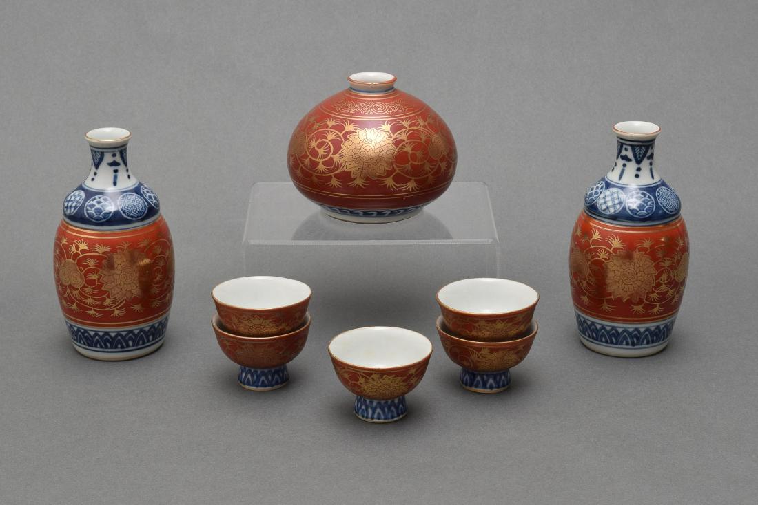 Blue, White, Red, & Gold Sake Set, Taisho (1 of 4)