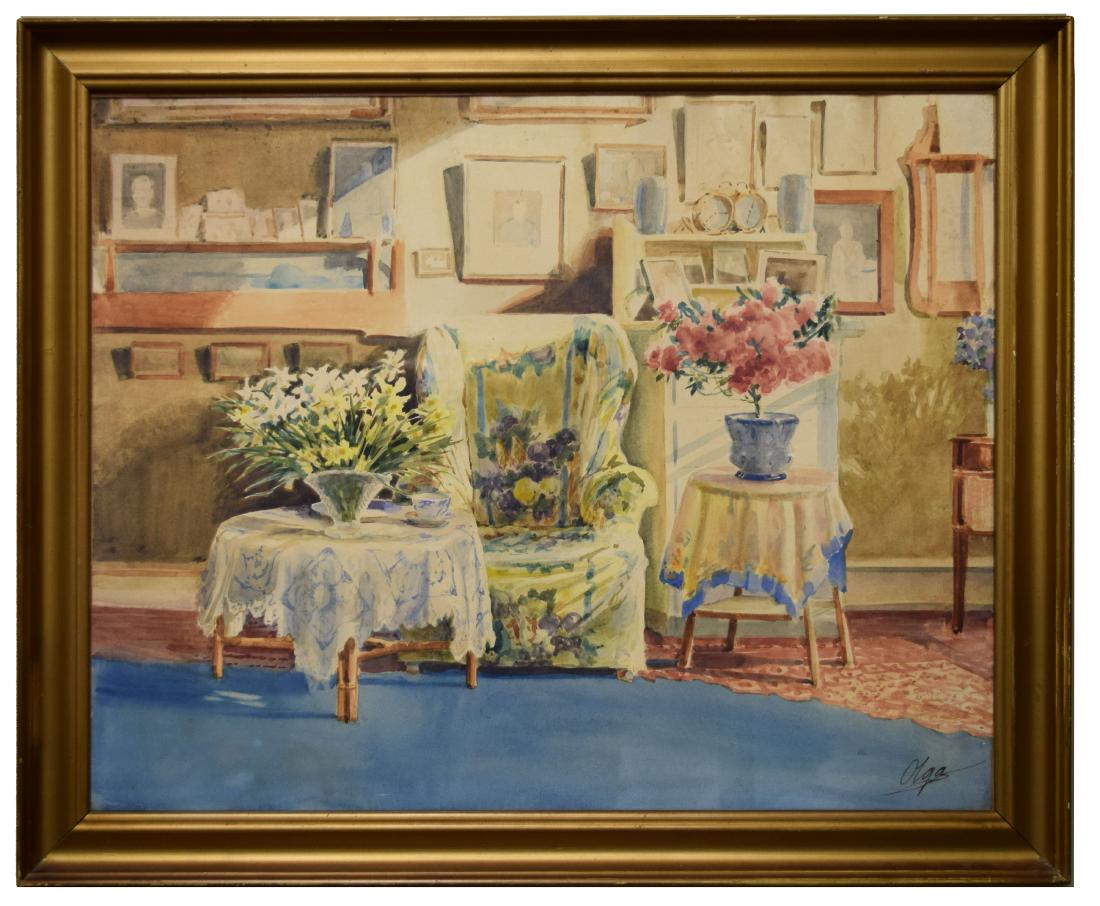 Watercolor By Olga Alexandrovna, Russian: An interior watercolor of artist's home near Copenhagen. Olga Alexandrovna (Russian 1882-1962), Grand Duchess and youngest child of Tsar Alexander III, sister to Tsar Nicholas II. Mounted in what is l