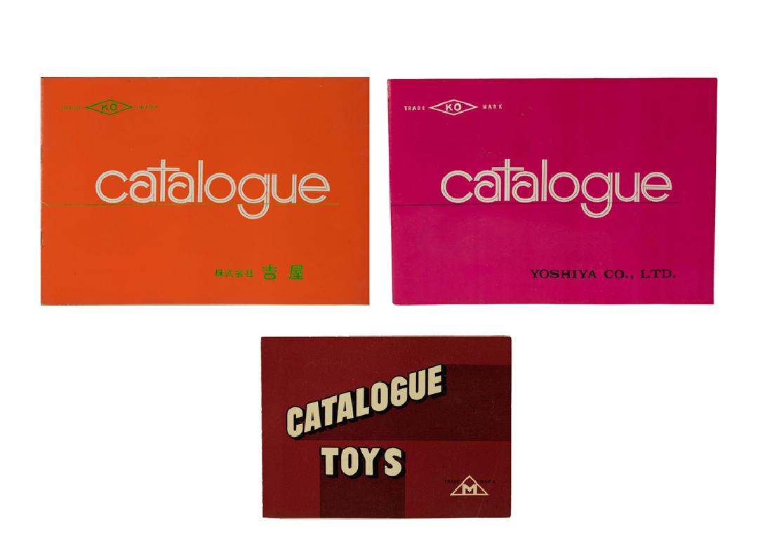 Three Original Japanese Toy Catalogs Circa 1960: A group of three Yoshiya Trade Mark toy catalogs. The larger two have color illustrations, the smaller has black and white. Dimensions are: the largest measures 10 1/4" wide X 7 1/4" tall. All measure