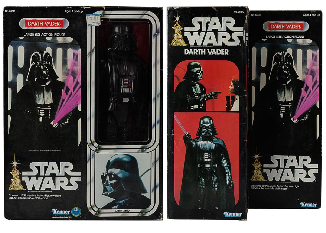 Kenner Star Wars 15" Darth Vader Figure: No. 38610 in original window box, complete with light saber and cape. Dimensions are: the box measures 15" tall X 6" wide. All measurements are approximate. The box has the General Foods logo removed 