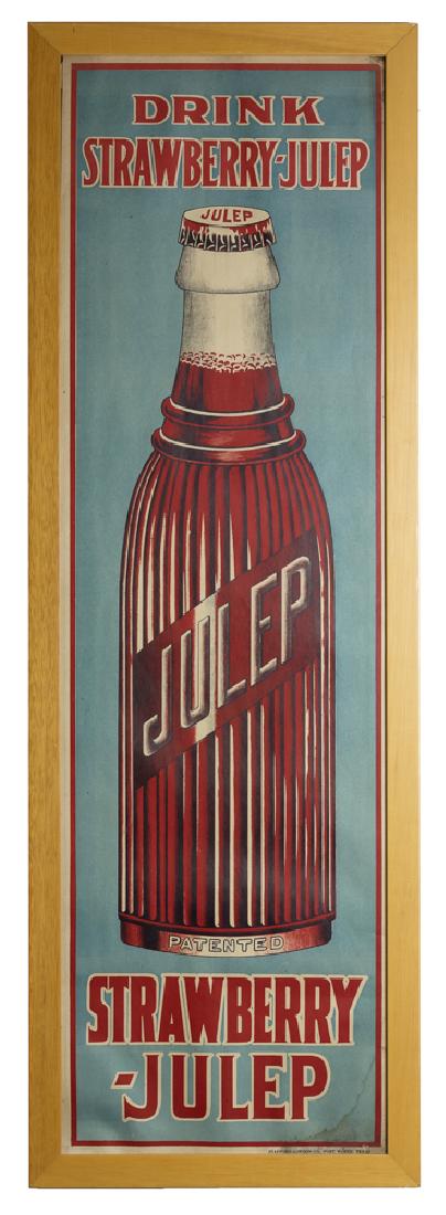 Framed NOS Cardboard Strawberry-Julep Soda Sign: New Old Stock with original hanging instructions still attached. Red, blue, and white cardboard sign featuring a Julep soda bottle. Complete with original mounting instructions printed by Stafford-Low