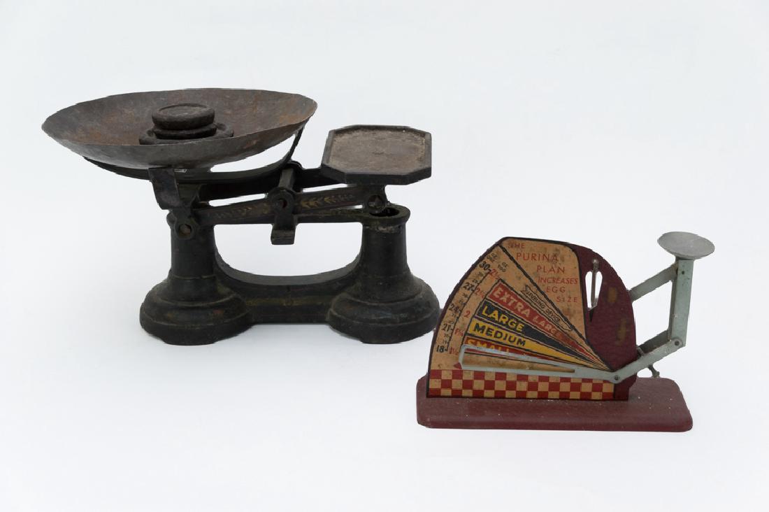 Cast Iron Scale plus Egg Scale: A cast iron scale made by the Fairbanks company with 3 weights, two 4 oz weights and a 1 lb. weight, and a Purina egg scale. Dimensions for the largest are: 7 1/2" tall X 7 1/2" wide. All measuremen