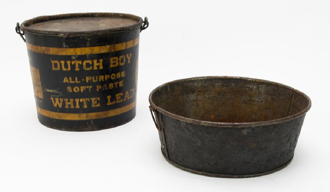 Dutch Boy White Lead Pail w/ Tin Basin: A "Dutch Boy All-Purpose Soft Paste White Lead" pail with handle and a tin basin. Dimensions are: the pail measures 6 1/2" tall excluding the handle X 8" wide. All measurements are approximate. Scratc