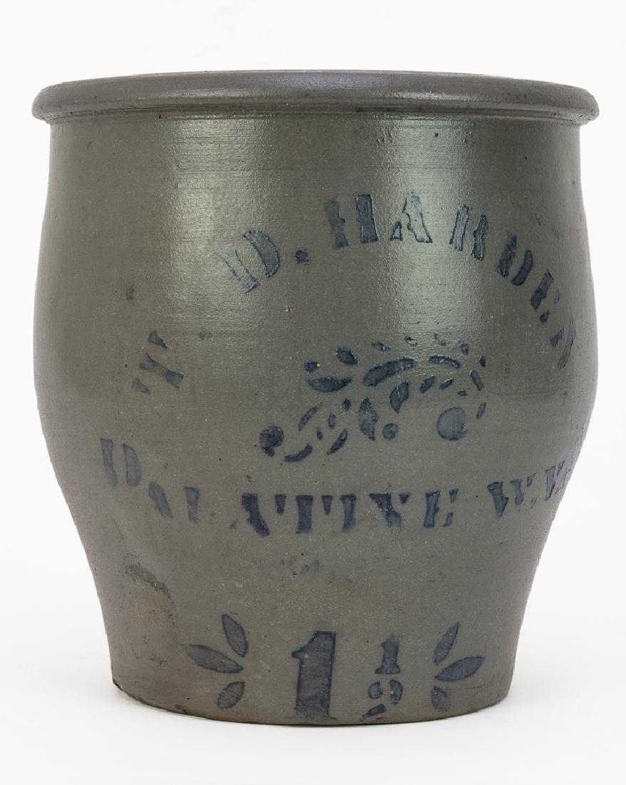 Ovoid Crock by T.D. Harden, Palatine WV: An earthenware rock with a wide mouth and narrow base labeled in cobalt "I D. Harden, Palatine WV, 1 1/2". Dimensions are: 9" tall X 8 1/2" wide. All measurements are approximate. Condition: There are
