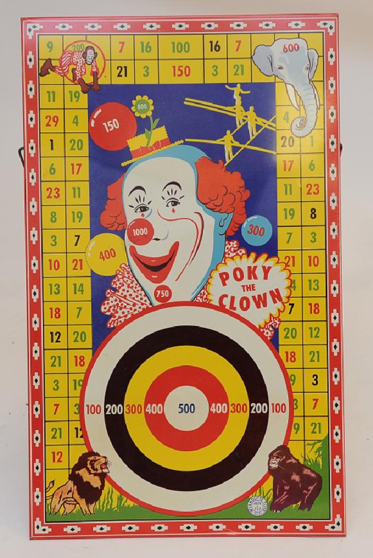 Tin Clown Target by Wyandotte plus Amaze-a-Matics: 1950s tin target with stand. Also includes Hasbro Amaze-a-Matics Car in original box., complete. Dimensions of the largest are: 23" X 14". All measurements are approximate. Fine - Excellent.