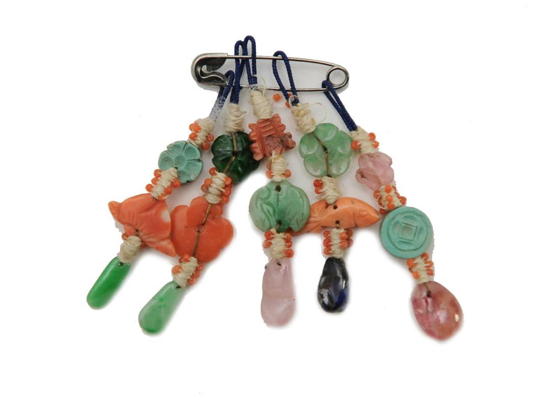 Set of 5 Dangles w/ Jade & Jadeite, Late 19th C: A set of 5 dangles with jade, jadeite, tourmaline, coral, and other precious stones carved in flowers, fish, butterflies, and other auspicious symbols. it dates from the late 19th century. Dimensions