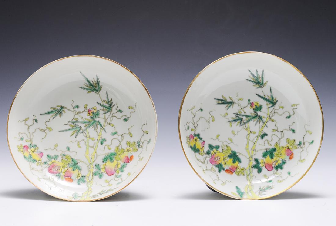 Pair of Imperial Famille Rose Plates, Guangxu: A pair of imperial famille rose plates, each with a 6-character Guangxu mark on the bottom and being of the period. The exteriors are decorated with 3 red bats, and the interiors feature fruit, bamboo