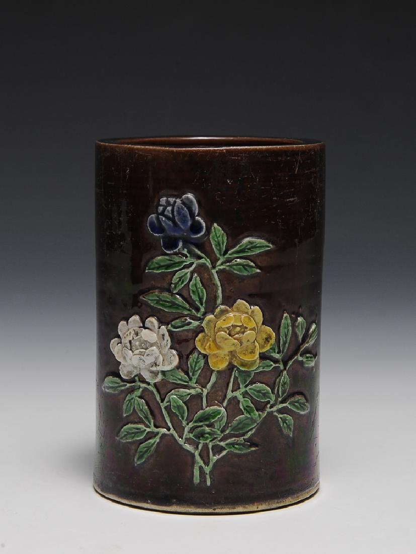 Chinese Carved Flower Porcelain Brush Pot, 19th C (1 of 6)