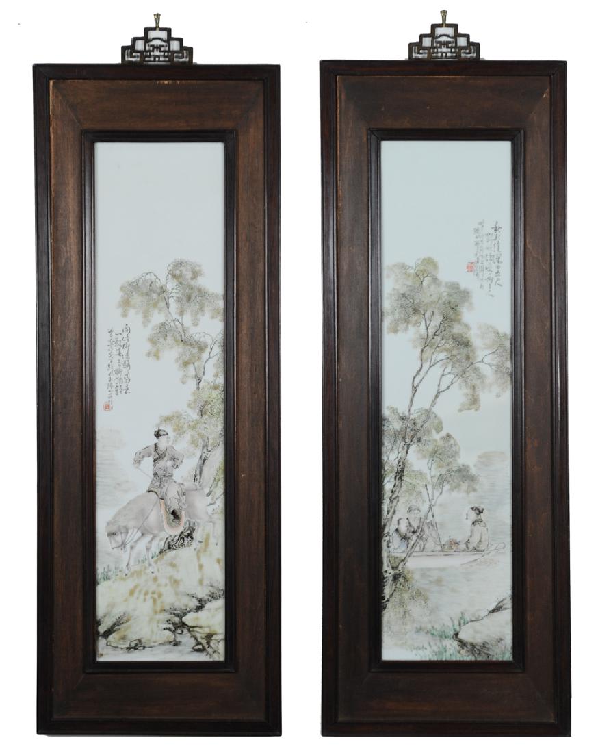 Pair of Famille Rose Porcelain Plaques by Wang Qi (1 of 9)